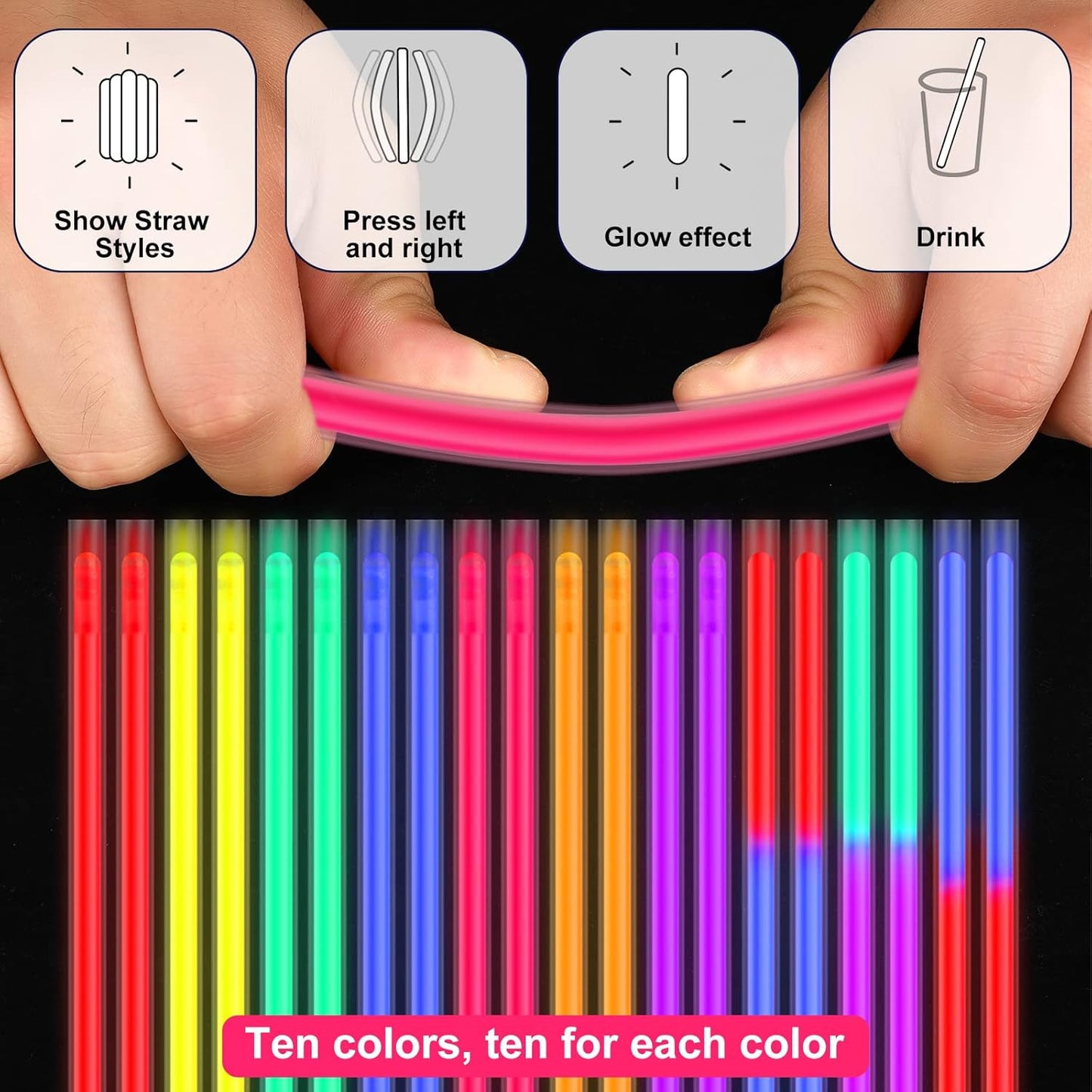 Lallisa 100 Pcs Halloween Glow in The Dark Straws Light up Neon Drinking Straws 8 Inch Multicolor Reusable Plastic Straw for Glowing Party Supplies Halloween Party Favors