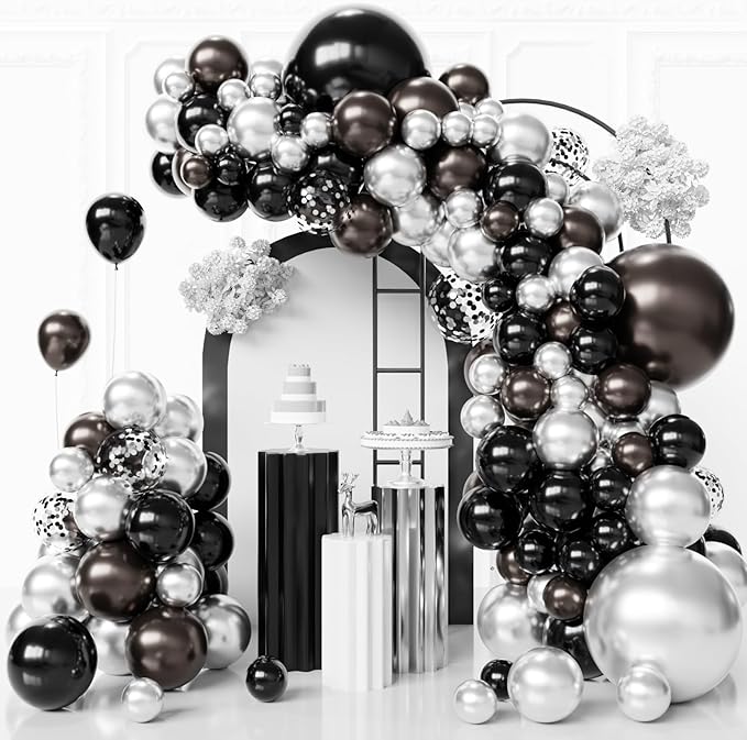 Black and Silver Balloons Arch Kit,130pcs Metallic Black Balloons Garland,Different Sizes Metallic Silver Latex Balloons for Birthday Engagement Baby Shower Wedding Graduation Party Decorations