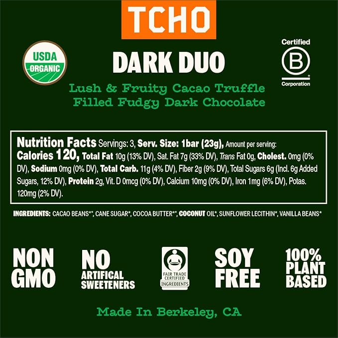 TCHO Dark Duo 75% Dark Chocolate Bars (10 pack) | Plant Based, Organic & Fair Trade, | Non GMO, Non-Dairy, Vegan Chocolate, Soy Free (2.5oz each)