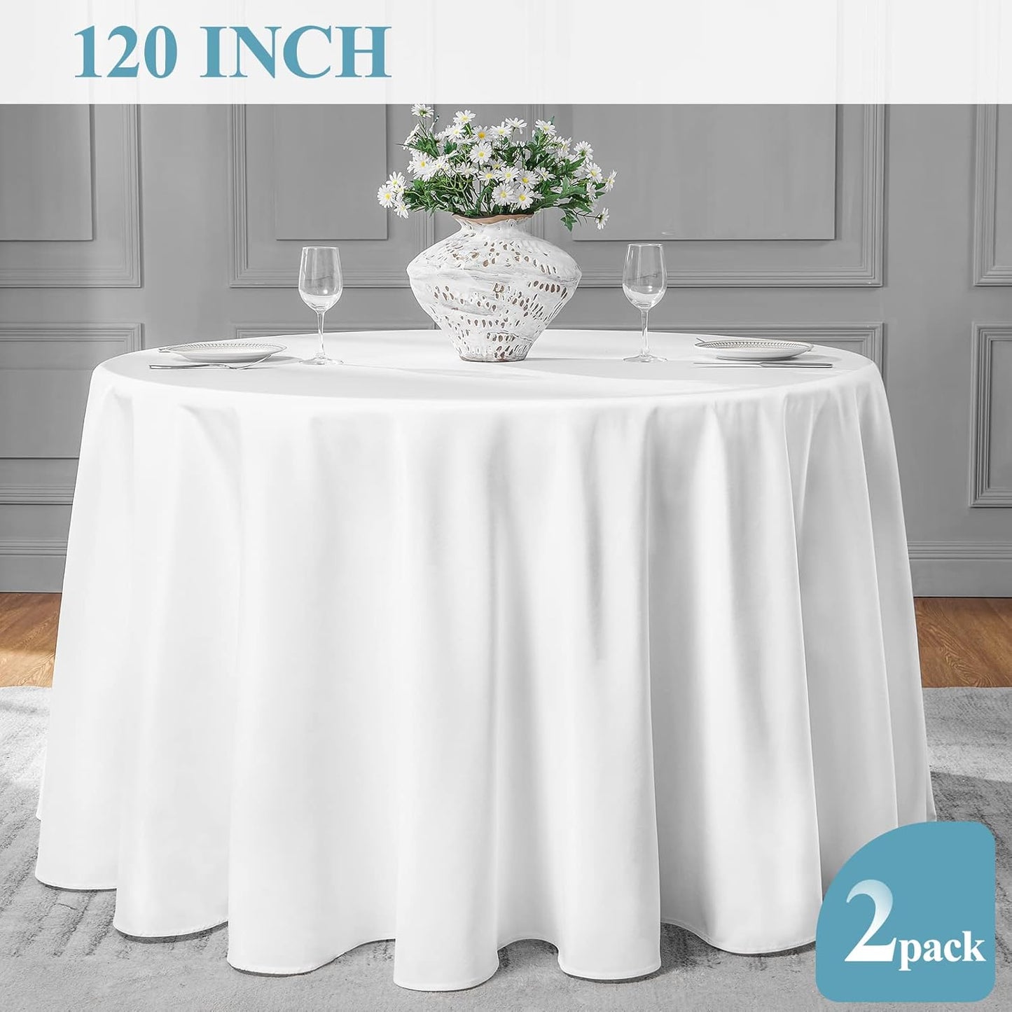 Vidafete 2 Pack 120inch Round Tablecloth Polyester Table Cloth，Stain Resistant and Wrinkle Polyester Dining Table Cover for Kitchen Dinning Party Wedding Rectangular Tabletop Buffet Decoration (White)