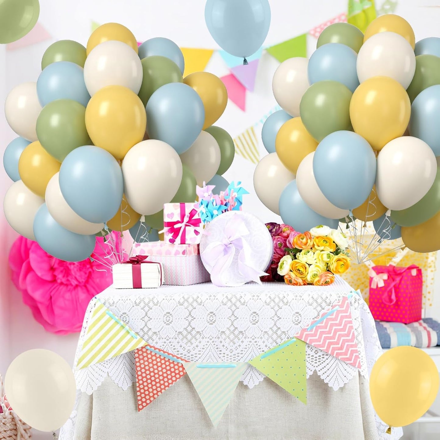 Sage Green Dusty Blue Yellow Balloons, 50PCS 12inch Olive Green Macaron Yellow Mist Blue White Sand Cream Latex Balloon for Birthday Wedding Baby Shower Party Deocrations Supplies