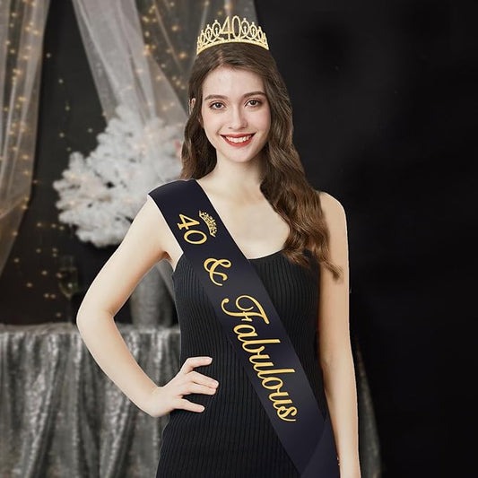 40th Birthday Decorations for Women with Sash Black and Tiara Gold, Number Candles Gold, Womens 40 Birthday Decorations