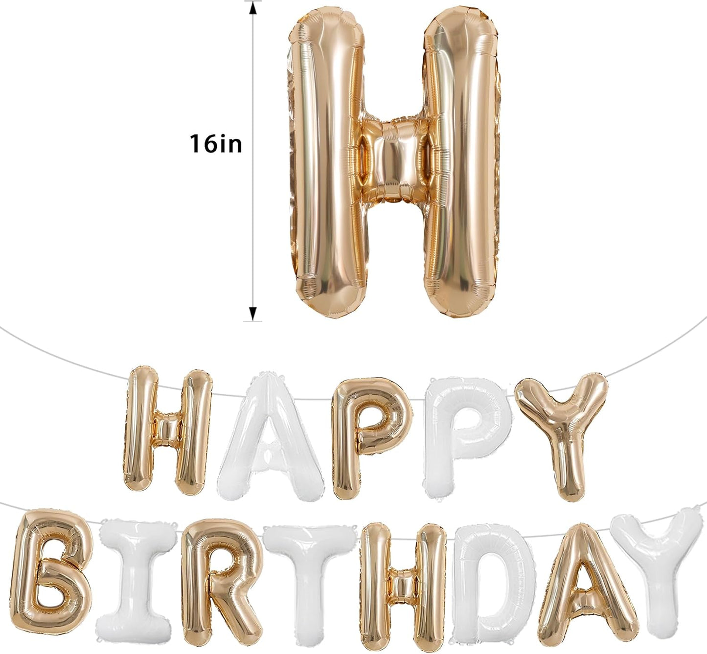 TONIFUL Happy Birthday Balloons Banner 16 Inch Mylar Foil Letters Birthday Sign Reusable for Girls Boys Kids & Adults Birthday Party Decorations Supplies（Champagne Gold White）