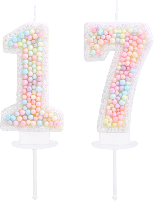 17th Birthday Candle Macaron Glitter 3D Pastel Number 17 Candles for Birthday Cakes Girl Women Sweet Theme Birthday Wedding Anniversary Party Cake Decoration