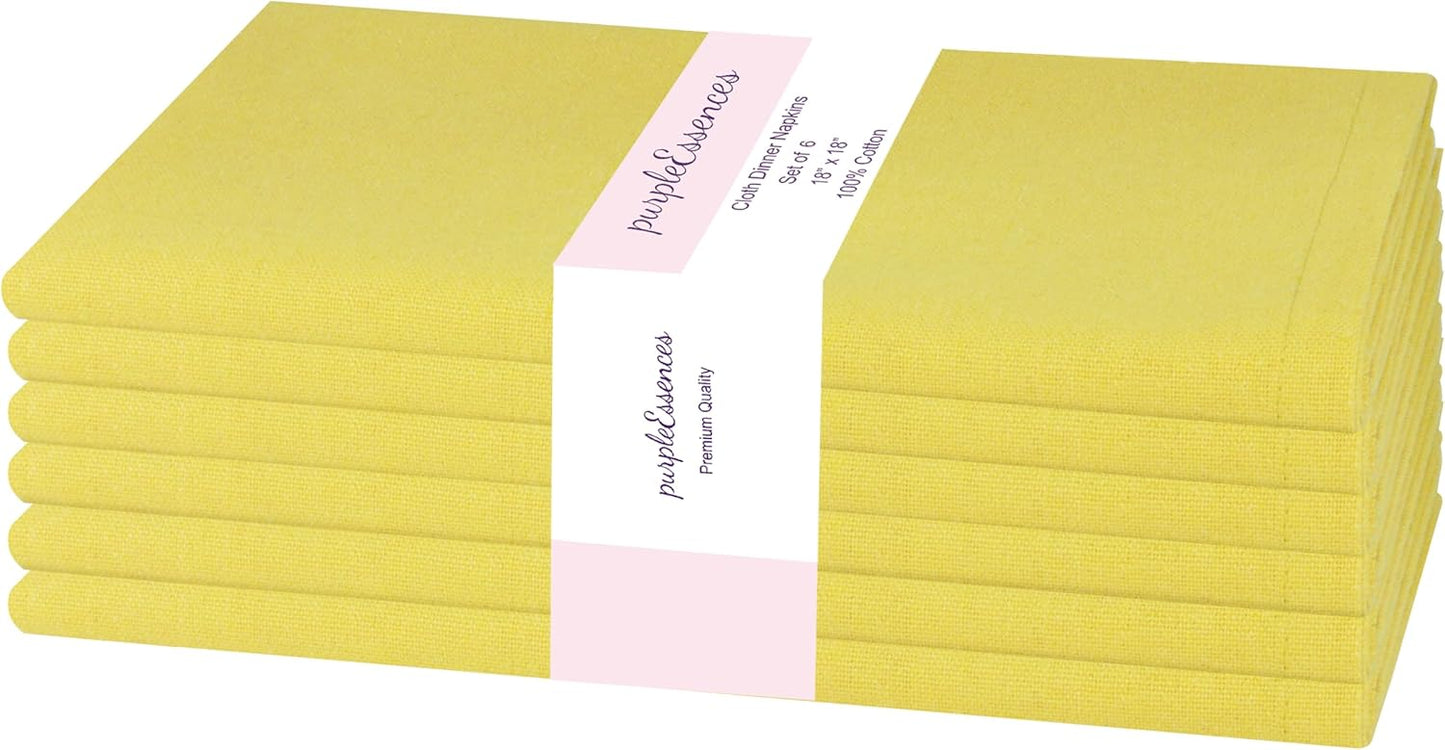 PurpleEssences Set of 6 Cloth Dinner Napkins 100% Cotton 18x18 Inch - Soft Durable Washable - Ideal for Farmhouse Party Fall Thanksgiving - Perfect Everyday Use Table Linen - Yellow