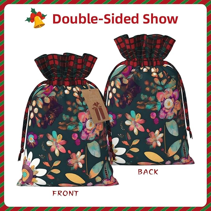 PULaif Colorful Boho Floral Christmas Drawstring Gift Bags, Large Size Christmas Bags For Gifts Party Favors, Xmas Gift Bags