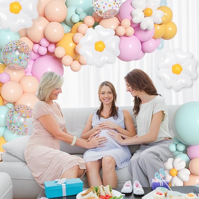 168Pcs Daisy Balloon Arch Garland Kit, Pastel Blue Orange Yellow Purple Confetti Daisy Wild Flower Balloons for Mothers Day Boho Two Groovy One Birthday Floral Girl Baby Shower Spring Party Decoration