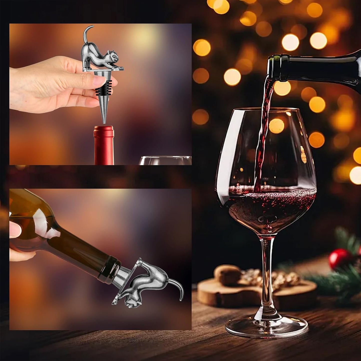 LKKCHER Cat Wine Bottle Stopper, Cat Decorative Gifts for Kitty Lovers Women Men, Birthday Fathers Day Christmas Gifts for Women Men, Silver Wine Saver with Bag