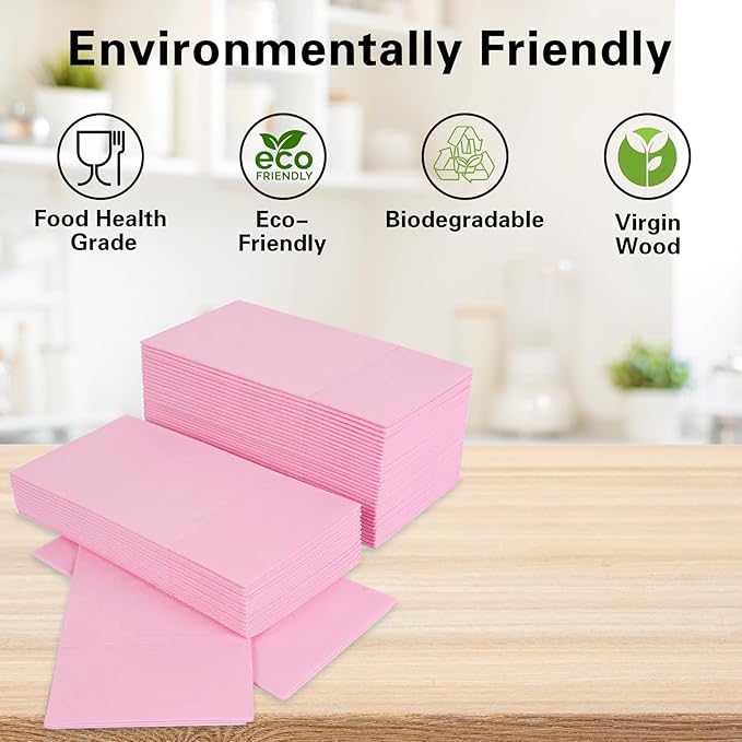 Pink Napkins Hand Towels Disposable, Linen-Feel Dinner Napkins with Prefolded Built-in Flatware Pocket, Guest Paper Hand Towels For Wedding, Dinner Or Party (16x16in, 50Pack）
