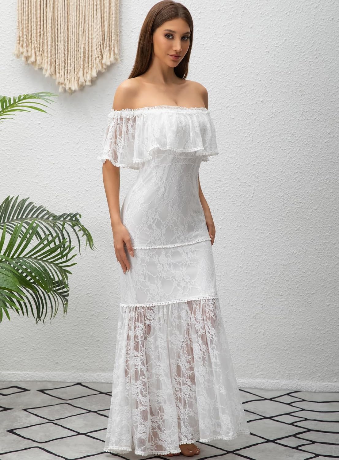 HOYISHION Women's Off The Shoulder Floral Lace Maxi Dress White Bridesmaid Wedding Party Maternity Photoshoot Long Dresses