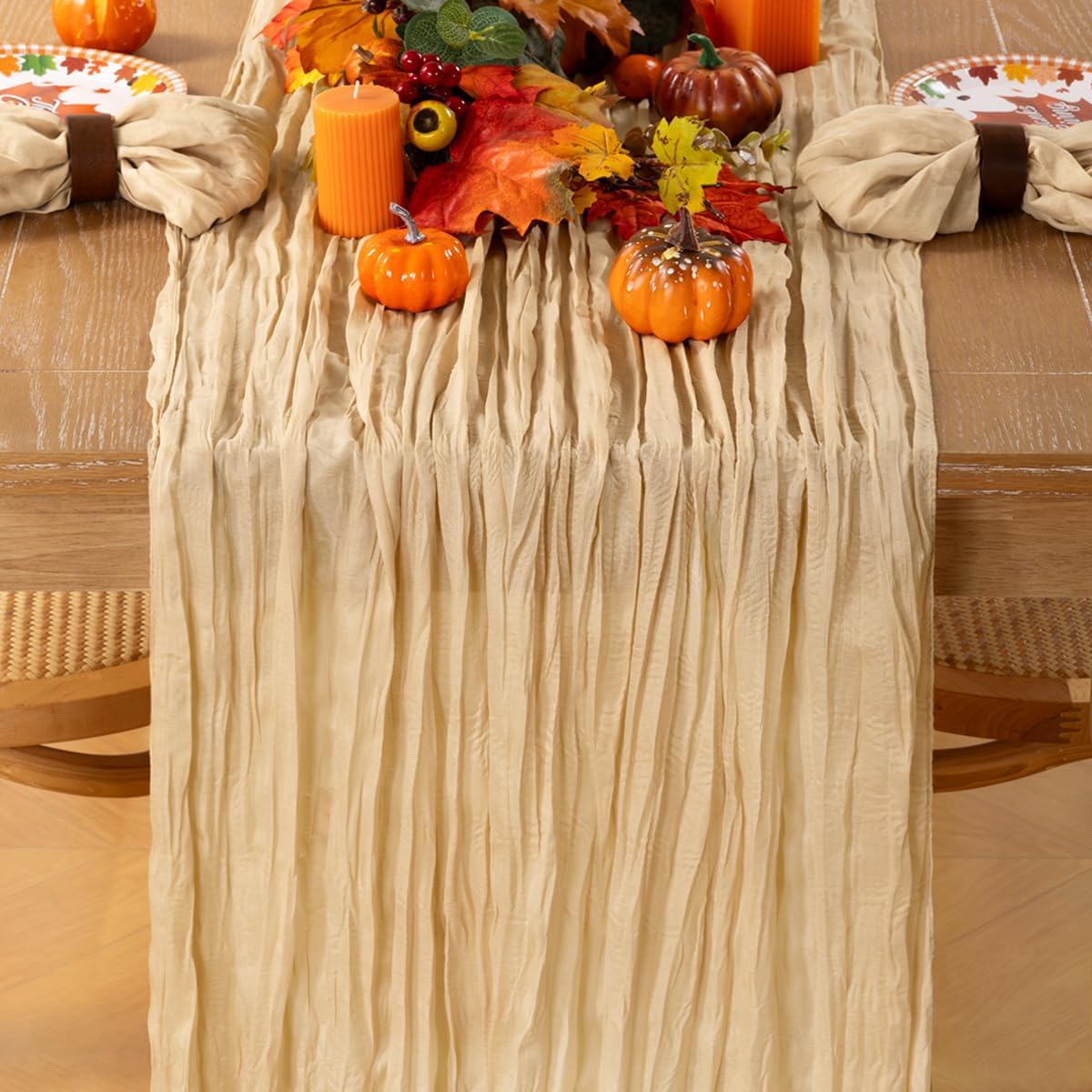 MLMC Champagne Cheesecloth Table Runner 10ft Sand Rustic Fall Gauze Cheese Cloth Table Runner 35x120 Inches for Farmhouse Cozy Holiday Outdoor Events Home Decor
