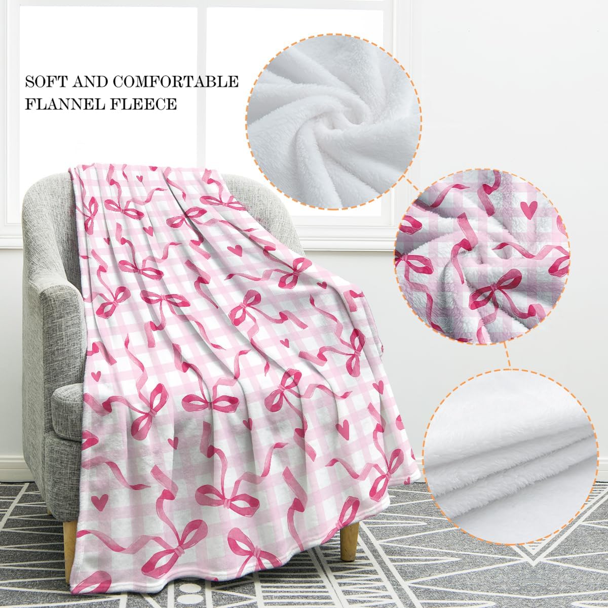 Jekeno Checkered Bow Throw Blanket Gifts for Women Girls Her, Bow Themed Birthday Party Decorations, Pink Soft Microfiber Blankets Bows Room Decor for Home Bed Couch