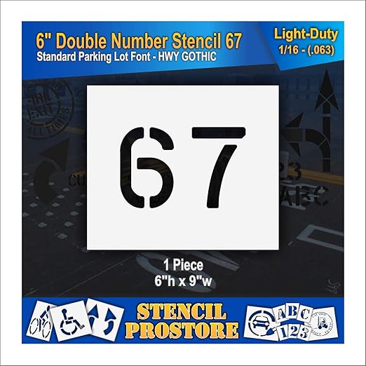 Pavement, Curb, and WheelStop Stencils - 6 inch Double Number Stencil - (67) - 6" x 9" x 1/16" (63 mil) - Light-Duty