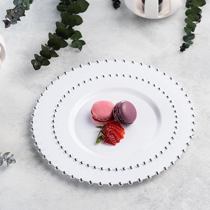 PLASTICPRO 128 Piece Combo Plastic Dinner Plates Disposable Plastic Fancy Heavy Duty Party Dishes 7 inch and 10 inch, White and Silver Beaded