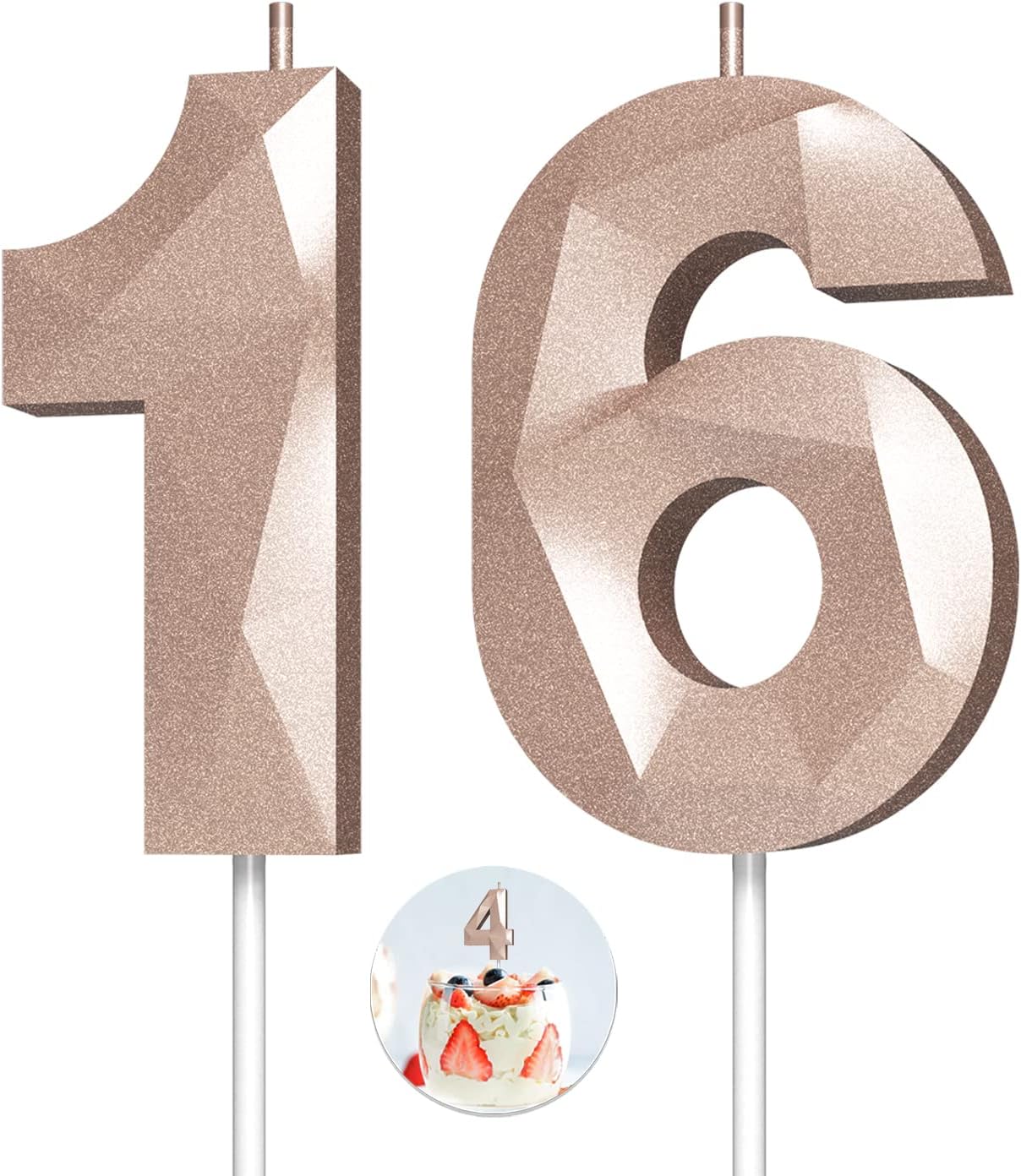 Number Birthday Candles(16 Candle Rose Gold) 3D Diamond Shape Number Happy Birthday Cake Candles for Birthday Party Wedding Decoration Reunions Theme Party