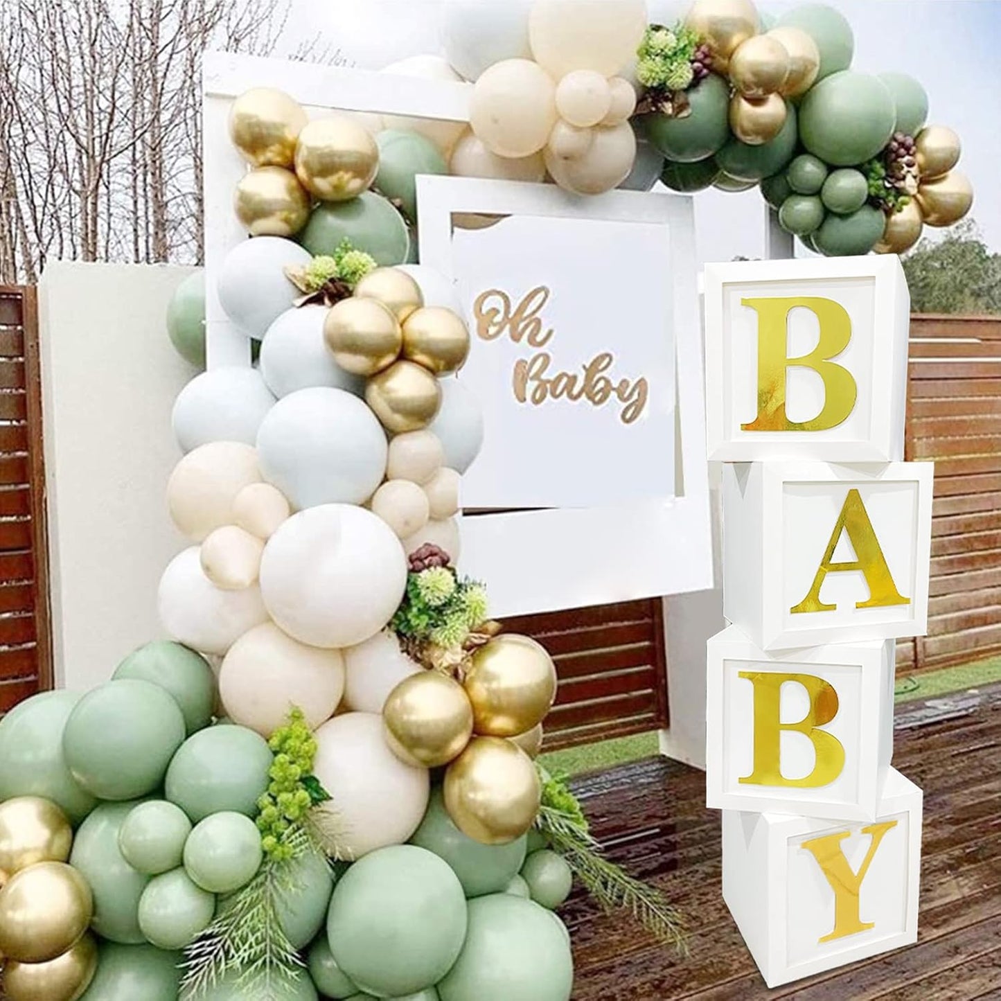 Baby Shower Boxes Party Decorations - 4pcs Stereoscopic White Gold Boxes with Gold Baby+A-Z Letters,Babe Balloon Party Box Blocks for Teddy Bear BabyShower,Boy Girl 1st Birthday Parties Backdrop