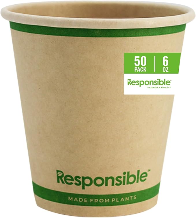 Responsible Products Certified Compostable 6 oz Paper Cups, Cold ＆ Hot Coffee Cups, Disposable Paper Cups, Extra Strength Disposable Cups, Made without PFAS (50 count)