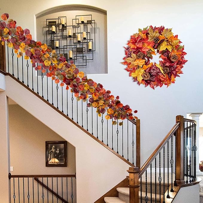 2 Pack Fall Garlands Artificial Eucalyptus Garland Plant, 6ft Faux Vine Hanging Silk Eucalyptus Leaves Fall Foliage Autumn Garland Decoration for Home Mantle Fireplace Wedding Thanksgiving Party Decor