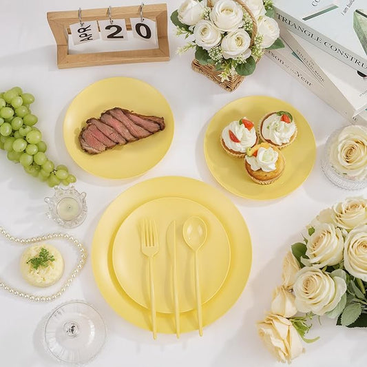 EI 150pcs Yellow Plastic Plates,Heavy Duty Bright Disposable Plate,Fancy Plastic Plates for Party,Yellow Dishes for Wedding,Easter,Afternoon Tea Party,Spring