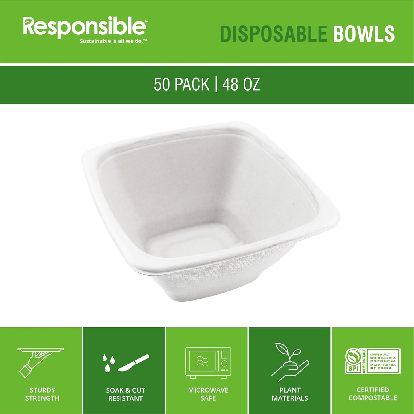 100% Compostable Square Serving Bowls, 48 oz Disposable Paper Bowls, Microwave Safe, Freezer Safe, Soup Safe, No Plastic, Eco-Friendly, Tree-Free, No PFAS. White (50 Count)