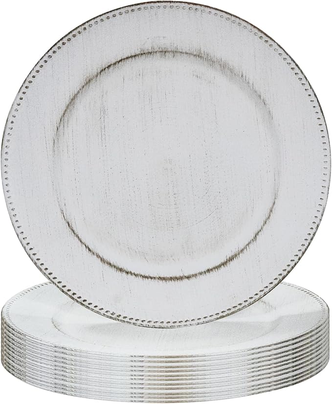 MAONAME 13" Round Charger Plates Set of 12, Antique White Plate Chargers, Plastic Charger for Dinner Plates, Beaded Table Chargers for Wedding, Party