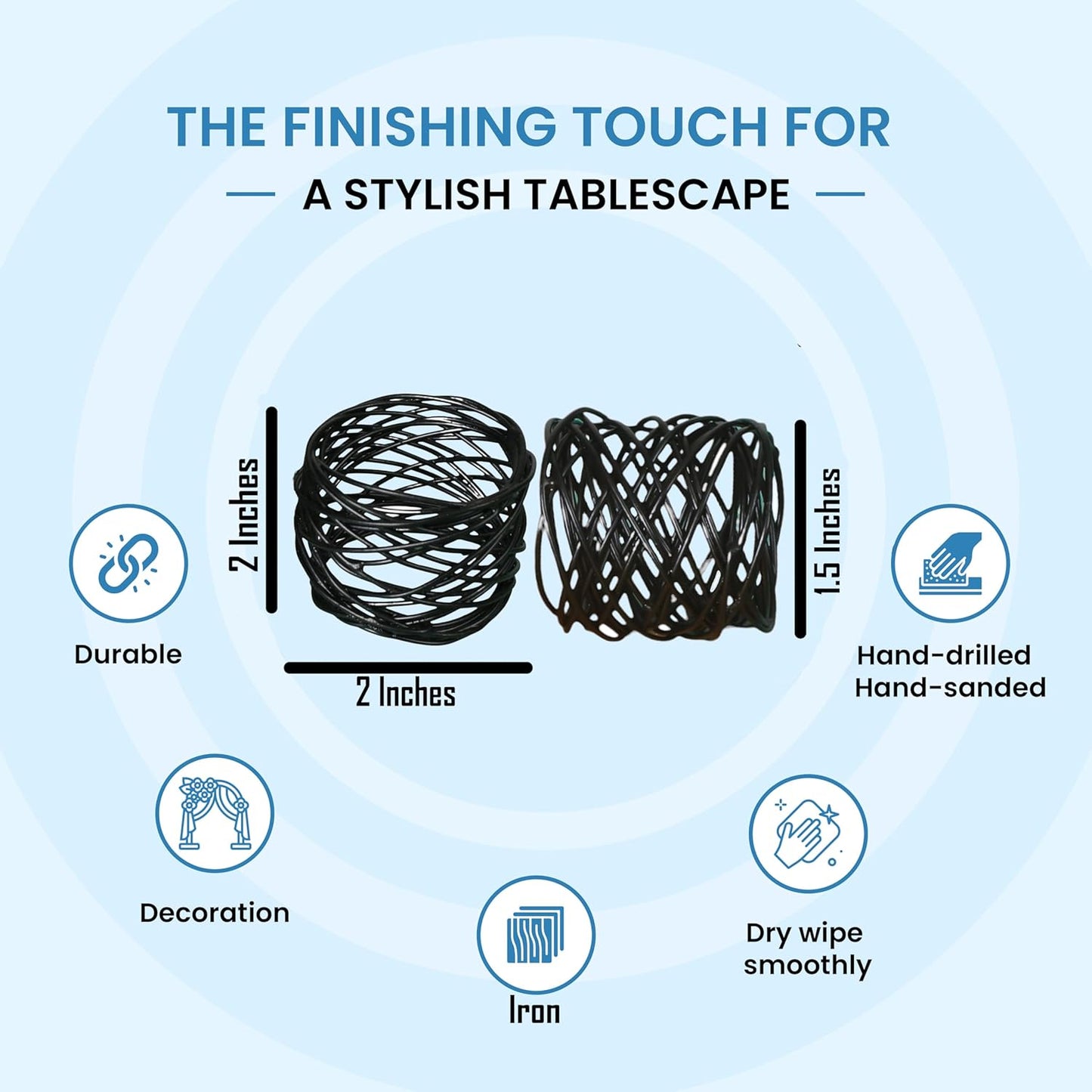 12 PCS Heavy Duty Metal Napkin Rings Set - Elegant Round Mesh Design for Table Decor, Durable Serviette Holders for Wedding, Dinner Party, Everyday Use (Black) - ALPHA Living HOME