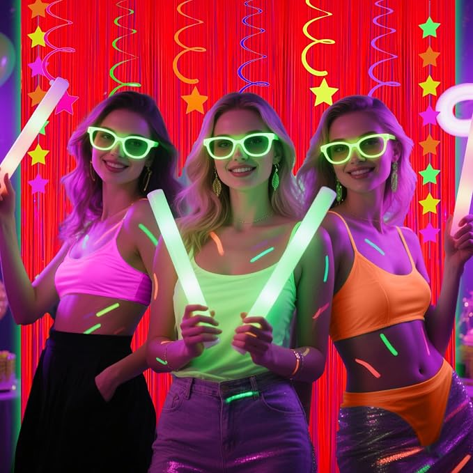 4 Packs Glow in The Dark Foil Fringe Curtain, Macaron Orange Blacklight Reactive Fluorescent Tinsel Backdrop Neon Luminous Streamers for Birthday, Wedding, Neon Party, Glow Party Decorations Supplies