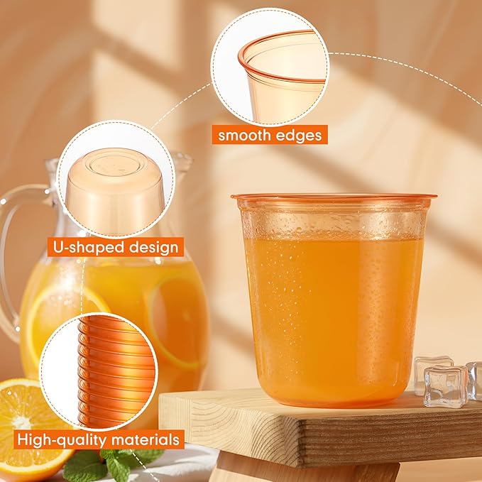 Disposable Stemless Glasses 12oz Crystal Plastic Wine Glasses Clear Classic Pet Cup for Meeting Weddings Birthdays Cocktail Christmas Party Supplies(Orange,100 Pcs)