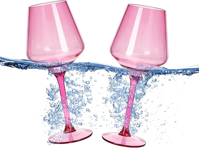Floating Wine Glasses for Pool (18 Oz | Set of 2) - Wine Glass Set That Float | Shatterproof Poolside Wine | Beach Glass | Outdoor Tritan Plastic Glassware with Stem for Patio, Picnic - Pink