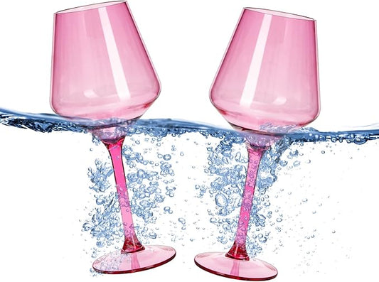 Floating Wine Glasses for Pool (18 Oz | Set of 2) - Wine Glass Set That Float | Shatterproof Poolside Wine | Beach Glass | Outdoor Tritan Plastic Glassware with Stem for Patio, Picnic - Pink