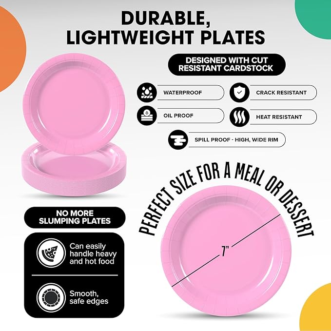 Exquisite Pink Paper Plates Disposable Heavy Duty 7 Inch Pink Disposable Plates For Party 100 Pcs Heavy Duty Paper Plate 350 GSM, Birthday Party Supplies Plate Set