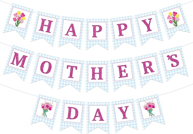 Happy Mother's Day Banner Set Decoration for Mother's Day Party Decorations Backdrop Garland for Mom Glitter Garland Photo Props (Blue Tulip)