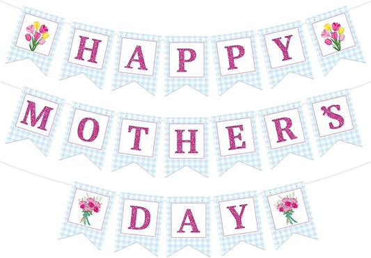 Happy Mother's Day Banner Set Decoration for Mother's Day Party Decorations Backdrop Garland for Mom Glitter Garland Photo Props (Blue Tulip)