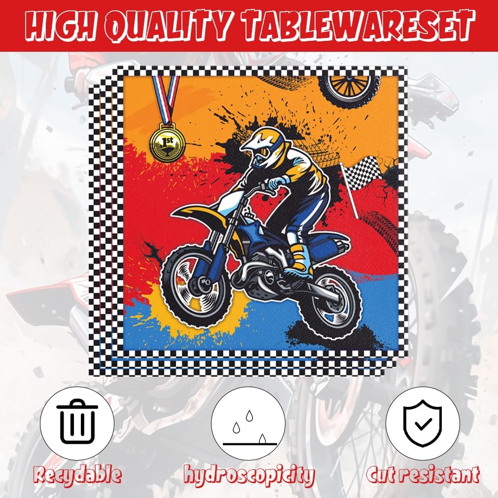141pcs Dirt Bike Party Decorations,Dirt Bike Party Disposable Tableware set Includes Dinner Plate Dessert Plate Paper Napkin Cup Knife Fork Straws Tablecloth Motocross Dirt Bike Supplies set