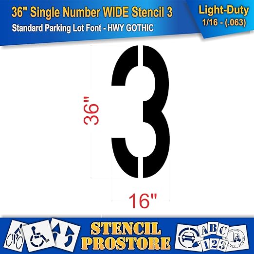 Pavement Stencils - 36 inch Single Number Stencil (Wide) - 3-36" x 16" x 1/16" (63 mil) - Light-Duty