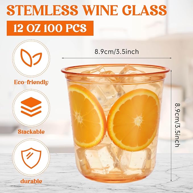 Disposable Stemless Glasses 12oz Crystal Plastic Wine Glasses Clear Classic Pet Cup for Meeting Weddings Birthdays Cocktail Christmas Party Supplies(Orange,100 Pcs)