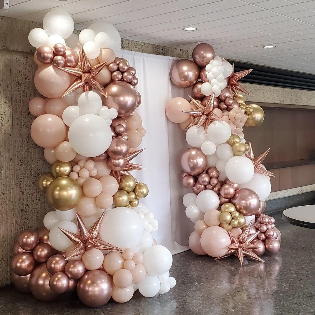 Rose Gold Balloons Arch Kit, 140Pcs Metalic Rose Gold Metallic Gold White Pink with Confetti Balloons for Bridal Shower Baby Shower Bachelorette Birthday Wedding Girl Anniversary Decorations