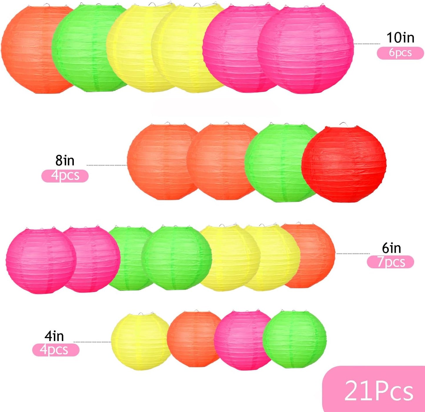21pcs Colorful Hanging Paper Lanterns, Neon Party Decorations - Round Paper Lanterns, for Neon Themed Birthday, Baby Showers, Weddings, Engagement Parties, and Other Party Decorations.