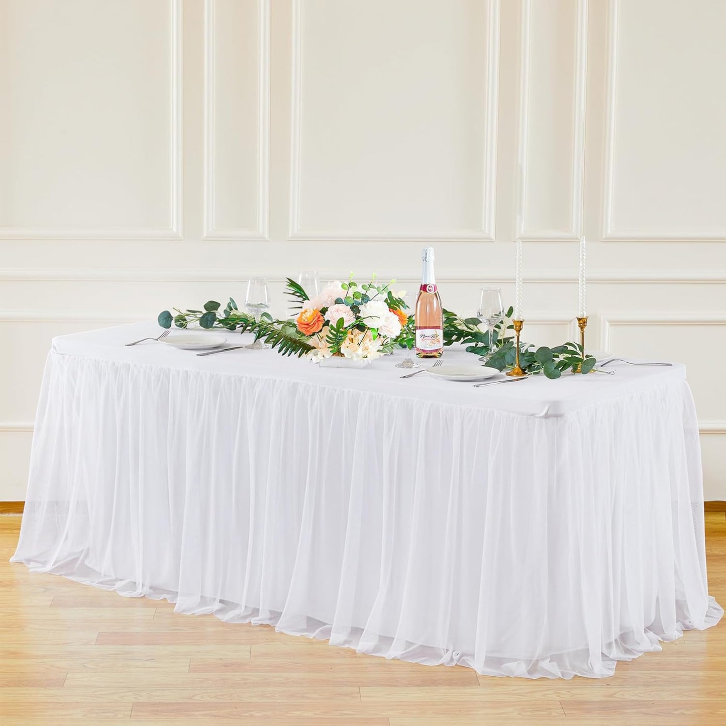 White Tulle Tablecloth for 8 Foot Rectangular Tables 8ft White Table Cloth Rectangle Wrinkle Free Stretch Table Cover with Tutu Skirt for Wedding Birthday Party Banquet Buffet Cake Event Desk Skirt