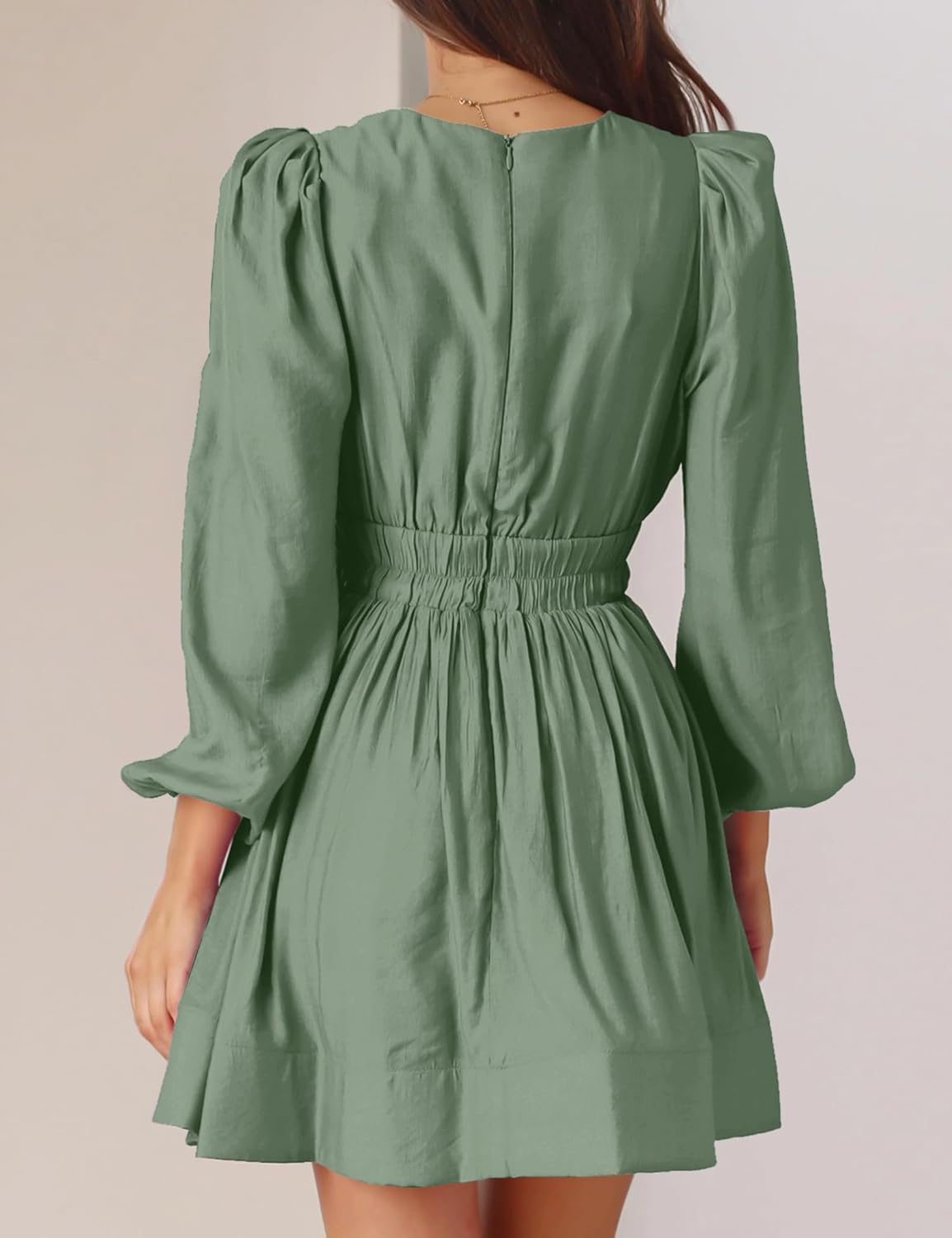 FAIABLE Mini Deep V Sexy Long Sleeve Dress for Women A-line High Waisted Casual Flowy Dress for Cocktail Wedding Guest