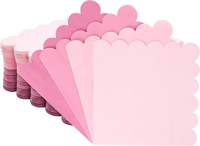 100 Pcs Pink Cocktail Napkins Folded 5 x 5 Scalloped Napkins Gradient Color Beverage Napkins Disposable Dessert Napkins for Birthday Party Supplies Wedding