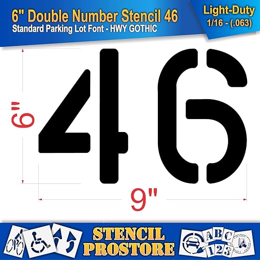 Pavement, Curb, and WheelStop Stencils - 6 inch Double Number Stencil - (46) - 6" x 9" x 1/16" (63 mil) - Light-Duty
