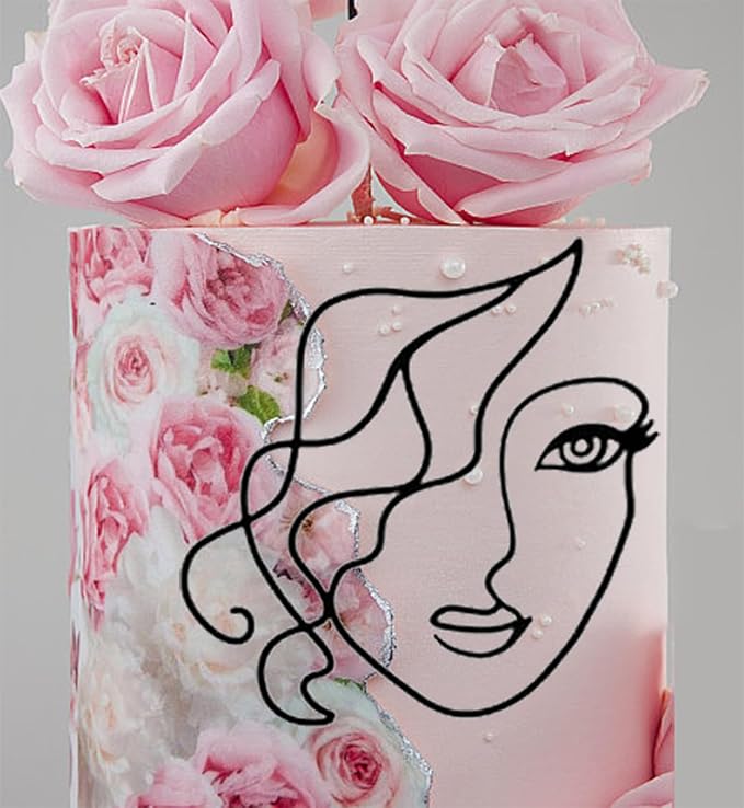 Lady Face Cake Topper, Personalized Acrylic Minimalist Art Lady Girls Cake Topper Vintage Artificial Rose Flower Wedding Cake Toppers for Birthday Party Wedding Bridal Shower