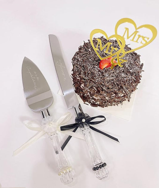 Set of 3 Cake Cutter Set Wedding Cake Knife and Server Set with Cake Topper, Perfect Cake Cutter for Wedding registry must haves, Cake Cutting Set with Black White Daisy Ribbons Design