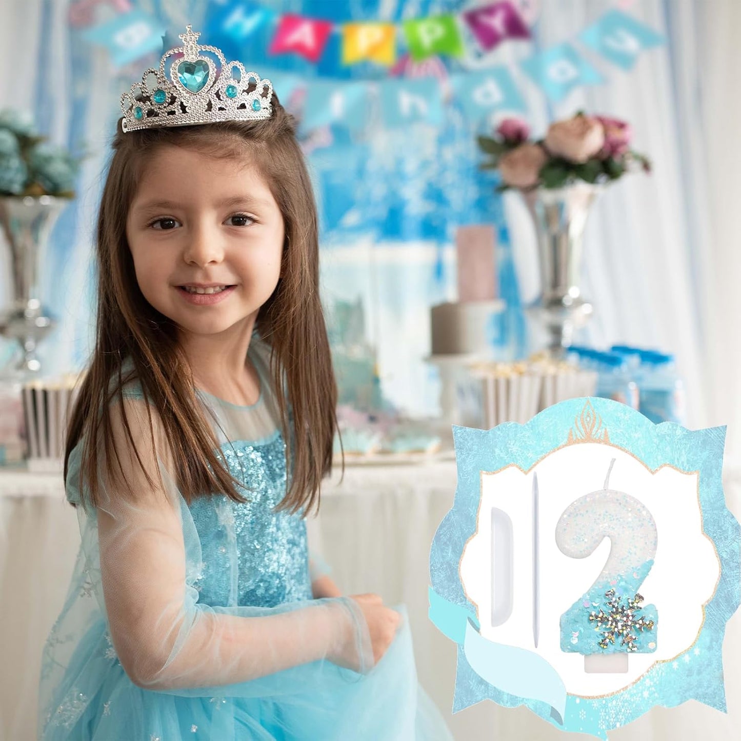 Sky Blue Snow Themed Birthday Candles, Birthday Candles for Party Supplies, 2.76 inch Number 2 Candle Cake Topper Decoration (Number 2)