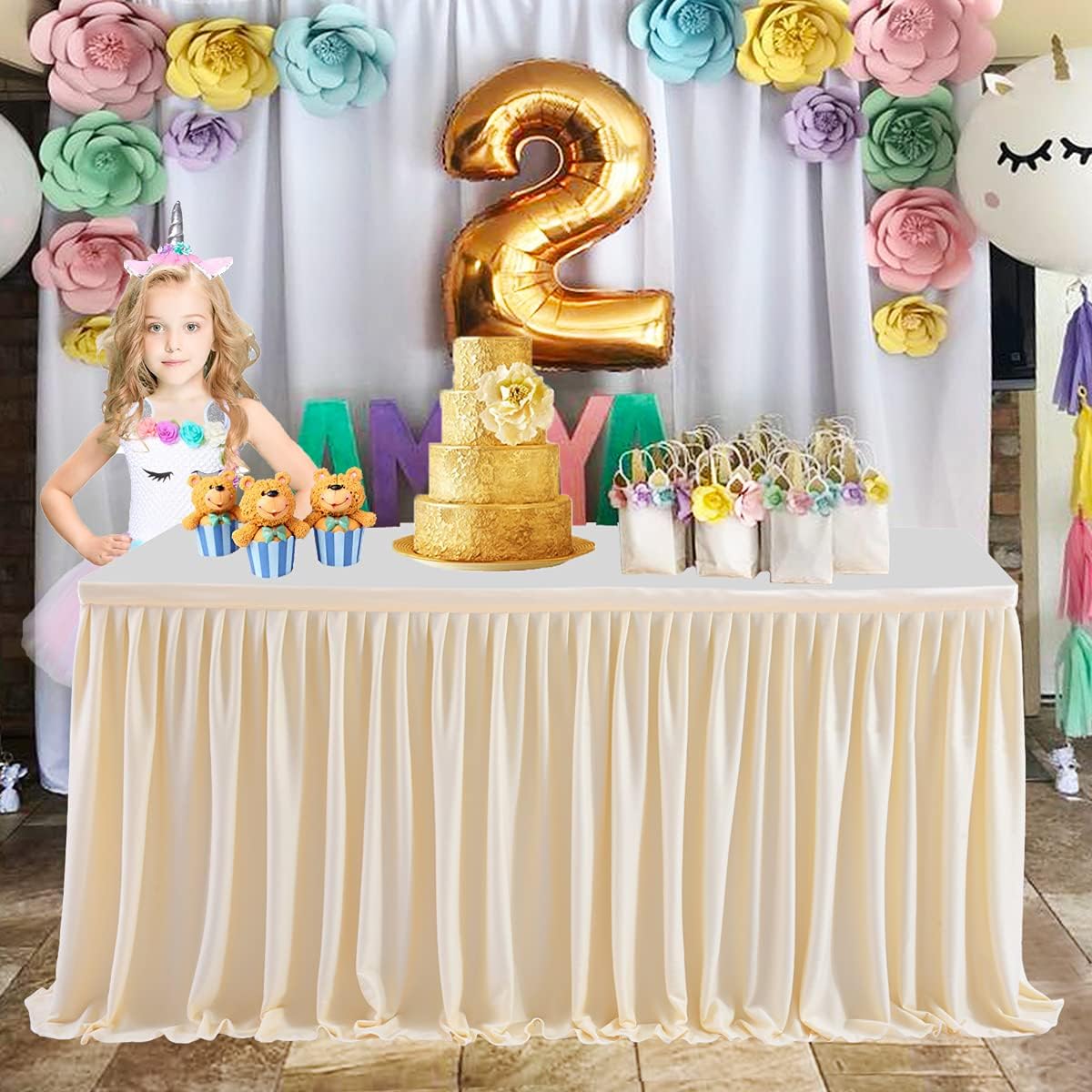 Ivory Table Skirts for Rectangle Tables 6ft Polyester Pleated Table Desk Skirts Ruffle Tablecloth Skirt for Wedding Birthday Party Baby Shower Bridal Shower