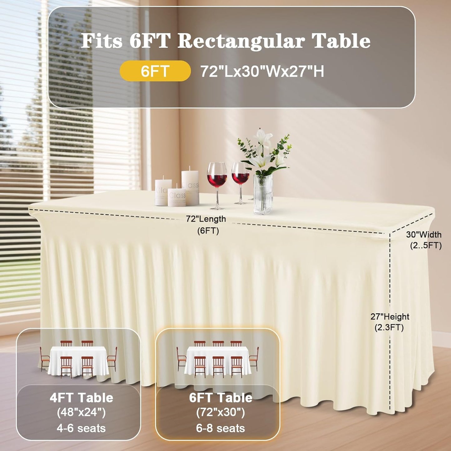 JCJ Table Skirt for Rectangle Tables Spandex Fitted Ivory Tablecloths for 6FT Tables, Wrinkle Resistant Ruffles Elastic Table Cover Skirts for Teacher Desk Weddings Banquets Parties