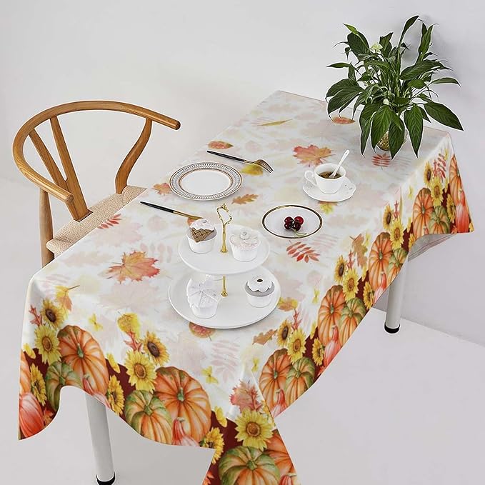 Autumn Thanksgiving Pumpkin Tablecloth, Vintage Retro Maple Leaves Watercolor Yellow Sunflower Fall Harvest Table Cover for Party Picnic Dinner Kitchen 55x75 Inch Rectangle
