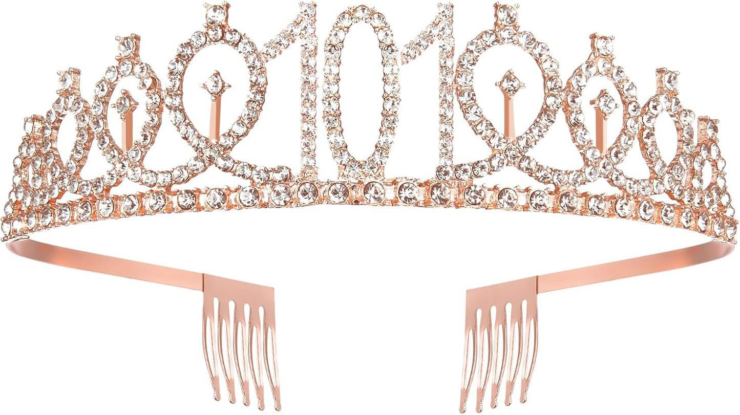 BRT Bearingshui 101th Birthday Sash and Tiara for Woman, Rose Gold Birthday Sash Crown 101 Fabulous Sash and Tiara for Woman, 101th Birthday Gifts for Happy 101th Birthday Party Favor Supplies