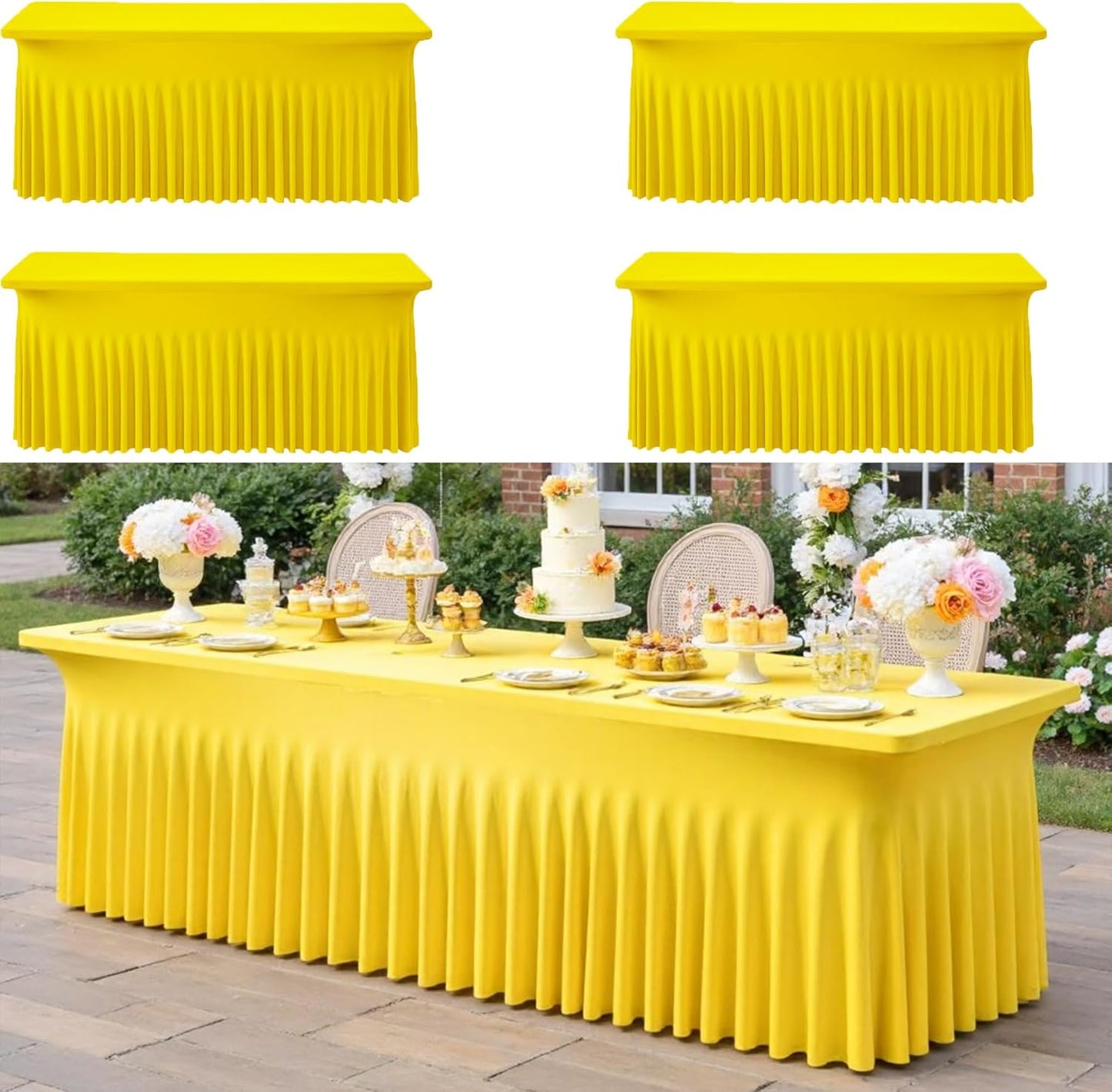 4pk Yellow Spandex Tablecloths 6ft for Rectangle Tables, Wrinkle Free Classy Table Skirt Stretchy Fitted Table Cloths Covers 6 Foot for Weddings Birthday Party Events Banquette Baby Shower
